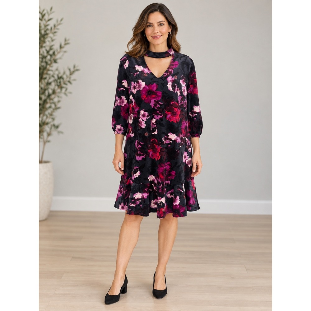 Roz & Ali Floral Velour Choker Dress Womens 12 Flounce Party Holiday Whimsigoth